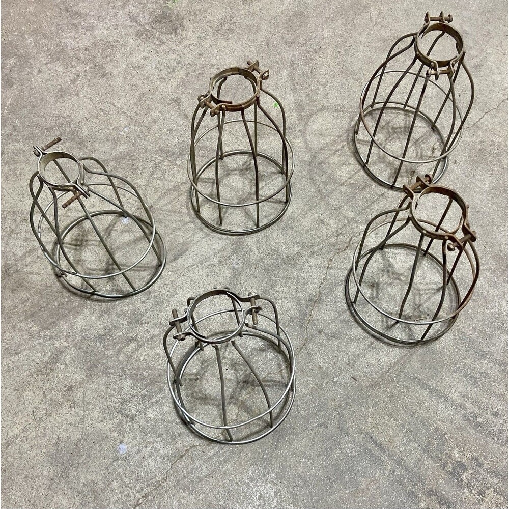 Lot 5 Vintage Drop Light WIRE Bird Cage Work Shop Steampunk READ DESCRIPTION
